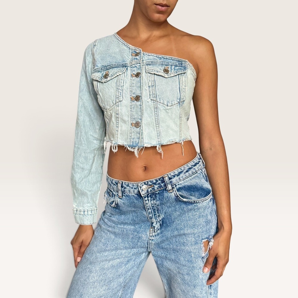 Zara Denim One Shoulder Crop Top Medium Light Wash Distressed Grunge Rocker EUC